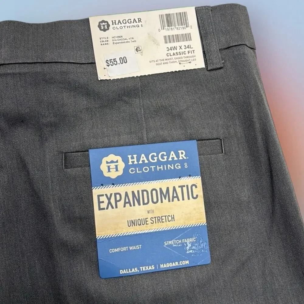 HAGGAR Men’s 34 x 34 Gray EXPANDOMATIC Dress Pant